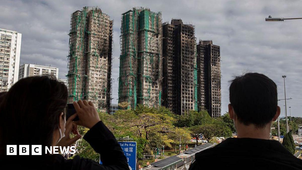 The back of two people's heads as they look at four charred high-rise blocks in the distance, with trees and roads between them and the towers