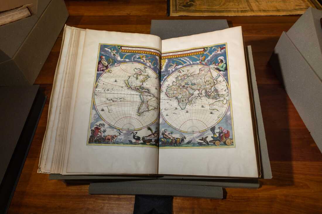 The Theatrum Orbis Terrarum, 1575, by Abraham Ortelius (1527-1598) is often considered the world’s first atlas. The library has two copies.