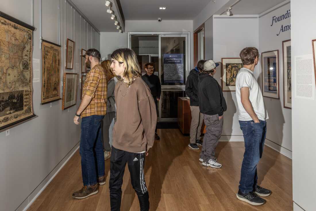 Students from the class Geography 370: Maps, Territory, and Power explore the gallery exhibition Founding Memories: America at 250 on view through June 2026.