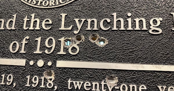 Bullet-pocked memorial to 1918 lynching goes on display in US