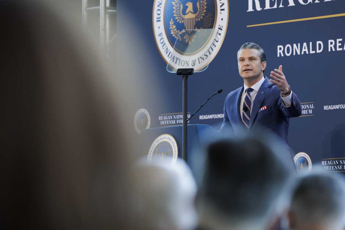 Defense Secretary Pete Hegseth speaks at the Reagan National Defense Forum at the Ronald Reagan Presidential Library in Simi Valley, California, on Saturday.
