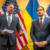 Head of the Office of the President of Ukraine Andriy Yermak, second right, and U.S. Secretary of State Marco Rubio talk to the press as their consultations continue at the U.S. Mission to International Organizations in Geneva, Switzerland, Sunday, Nov. 23, 2025.