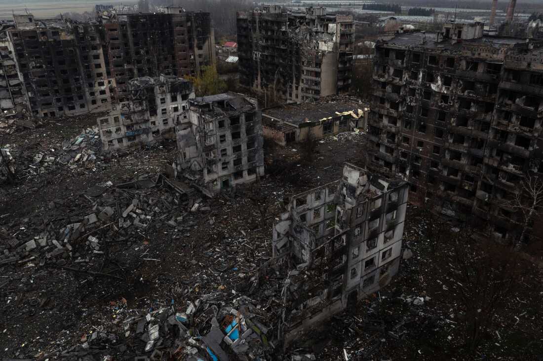 An aerial view of destroyed buildings in the frontline town of Kostyantynivka, Donetsk region