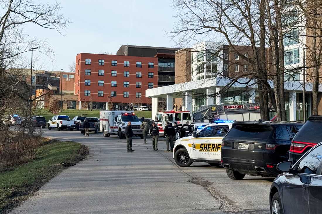 Law enforcement responds to a shooting at Whitney Moore Young Jr. Hall on Kentucky State University's campus in Frankfort, Ky., on Tuesday.