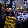 Demonstrators gather in a crowd holding signs that read things like "ICE out of NYC" and "No troops in NYC."