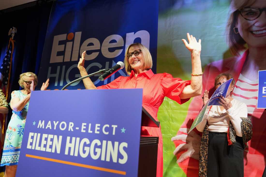Miami mayor-elect Eileen Higgins celebrates at a watch party after winning the Miami mayoral runoff election, Tuesday, Dec. 9, 2025, in Miami.