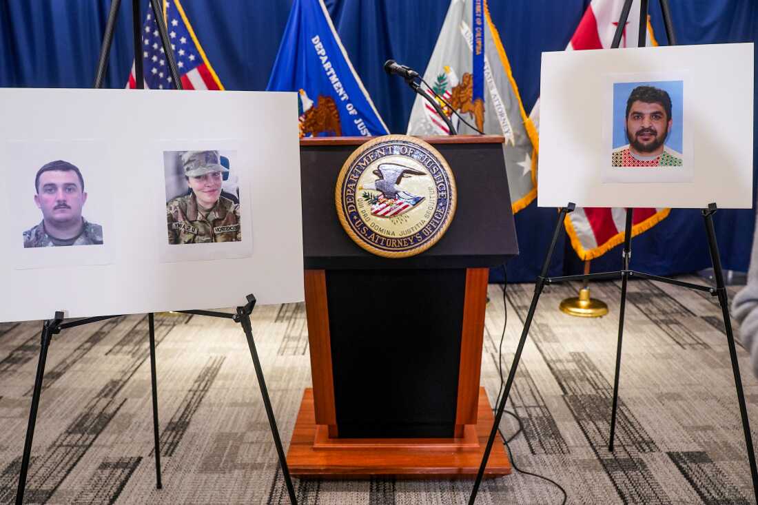 Pictures of National Guard members Andrew Wolfe and Sarah Beckstrom, who were shot on November 26 in Washington, are displayed next to a picture of the suspect of the shooting, Afghan national Rahmanullah Lakanwal, on the day of a press conference with FBI Director Kash Patel, U.S. Attorney for D.C. Jeanine Pirro and other authorities, in Washington, D.C., U.S., November 27, 2025. 