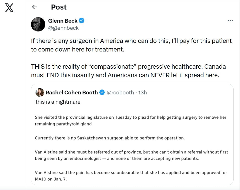 A social media post under the account "Glenn Beck" reads, in part, "If there is any surgeon in America who can do this, I’ll pay for this patient to come down here for treatment."