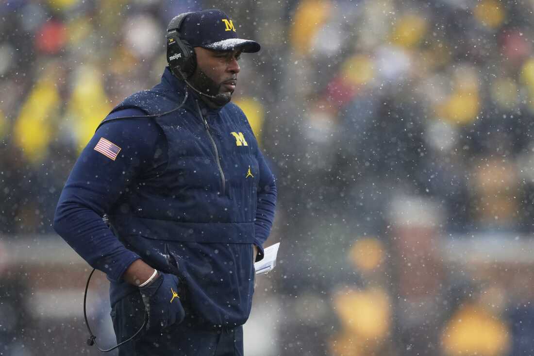 Michigan head coach Sherrone Moore watches from the sideline during the second half of an NCAA college football game against Ohio State, Saturday, Nov. 29, 2025, in Ann Arbor, Mich.