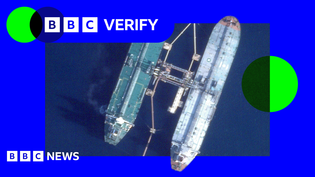 An image showing the seized tanker refuelling. It is imposed over the BBC Verify branding and colours.