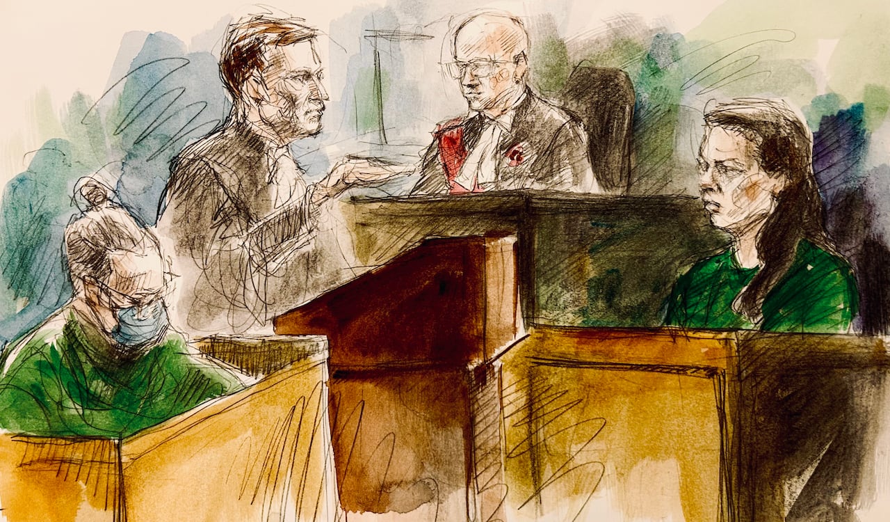 A court sketch showing a lawyer questioning a witness while a judge and person in a prisoner's box watch.