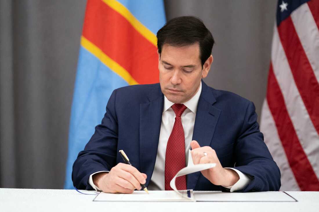 Secretary of State Marco Rubio, pictured signing a document at the U.S. Institute of Peace in Washington.