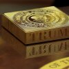 A gold drink coaster box sits on U.S. President Donald Trump's coffee table as he hosts French President Emmanuel Macron for meetings in the Oval Office at the White House on February 24, 2025 in Washington, D.C.