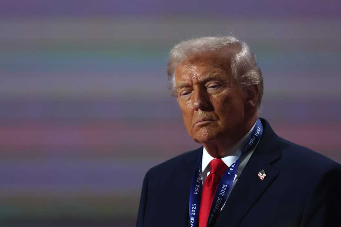 President Donald Trump reacts as he receives the FIFA Peace Prize during the FIFA World Cup 2026 Official Draw at John F. Kennedy Center for the Performing Arts on Dec. 5, 2025 in Washington, DC.