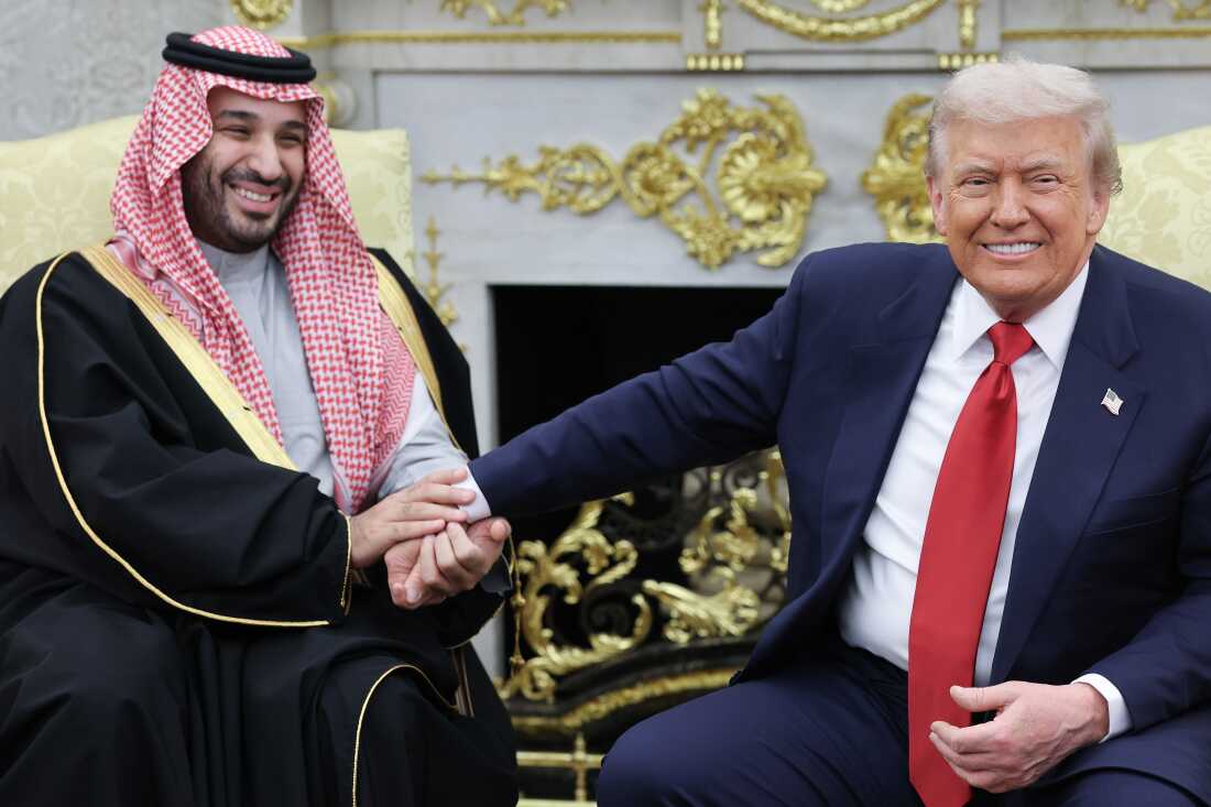 Crown Prince and Prime Minister Mohammed bin Salman of Saudi Arabia holds a joint press conference with President Trump in the Oval Office of the White House on November 18, 2025.