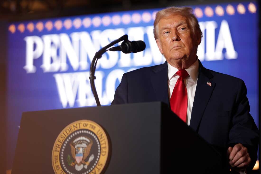 President Trump delivers remarks during an event at Mount Airy Casino Resort on Tuesday in Mount Pocono, Pa. Trump discussed his administration's economic agenda and its efforts to lower the cost of living.