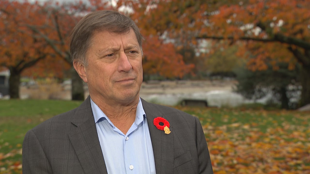 A man wearing a suit with a poppy pinned to it speaks to a camera with fall leaves behind him