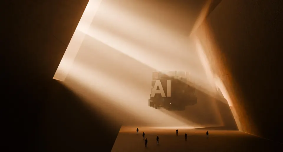 Futuristic AI Symbol Illuminated Inside Ancient Temple