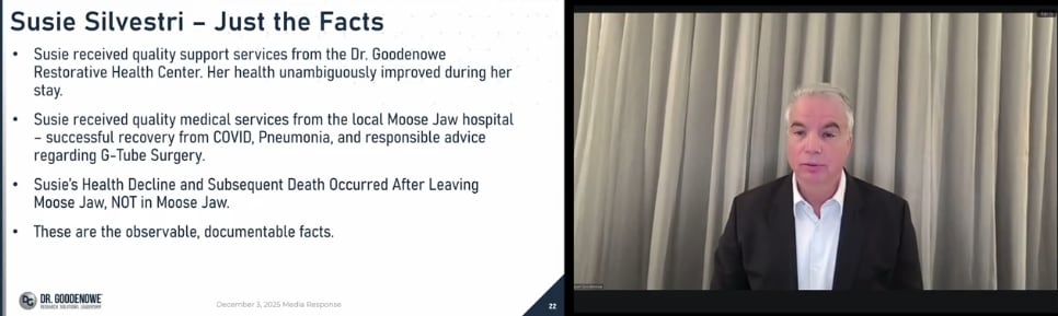 Man in blazer delivers powerpoint presentation by video chat. 