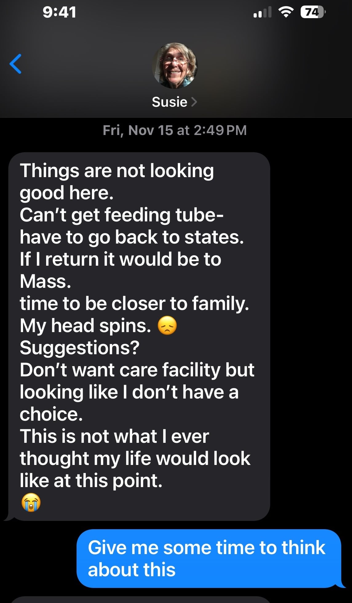 A text message expressing a desire for a feeding tube. 