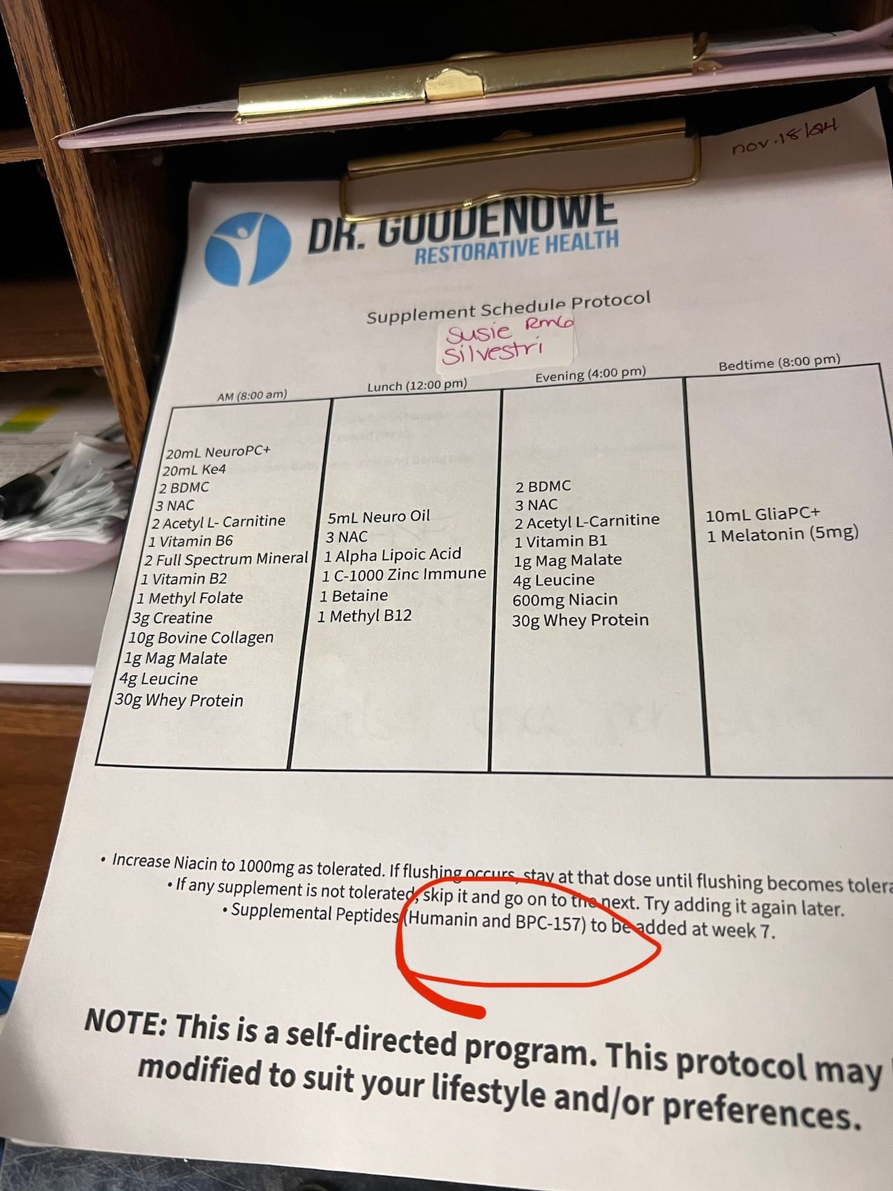 A sheet of paper with lists of supplements a Goodenowe client was to take throughout the day. 