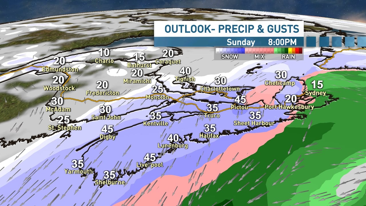 A coloured map shows what forms of precipitation are expected to fall at 8 p.m. AT Sunday.