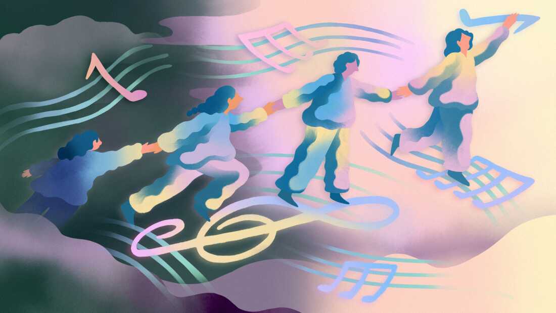 An illustration shows four people, holding hands, ascending against a background of musical notes.