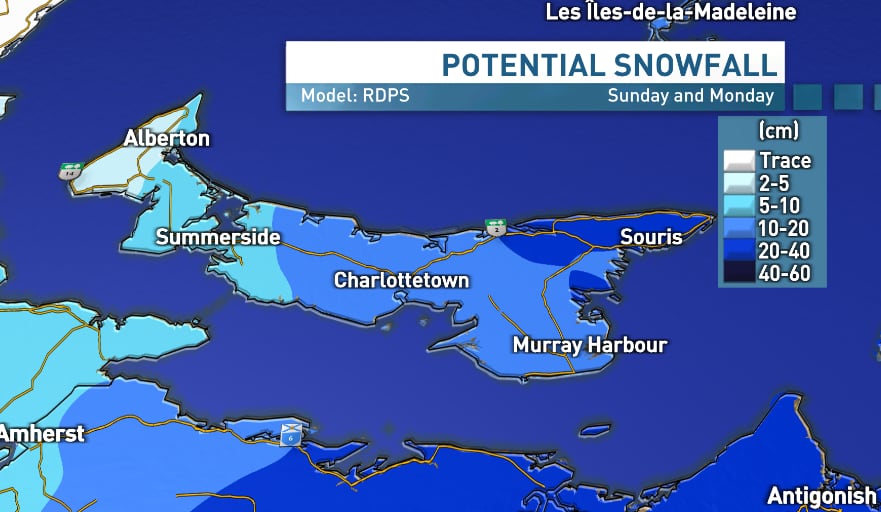 A diagram showing the potential snowfall on Sunday and Monday across Prince Edward Island.