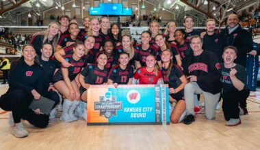 Badgers celebrate after rally versus Stanford.