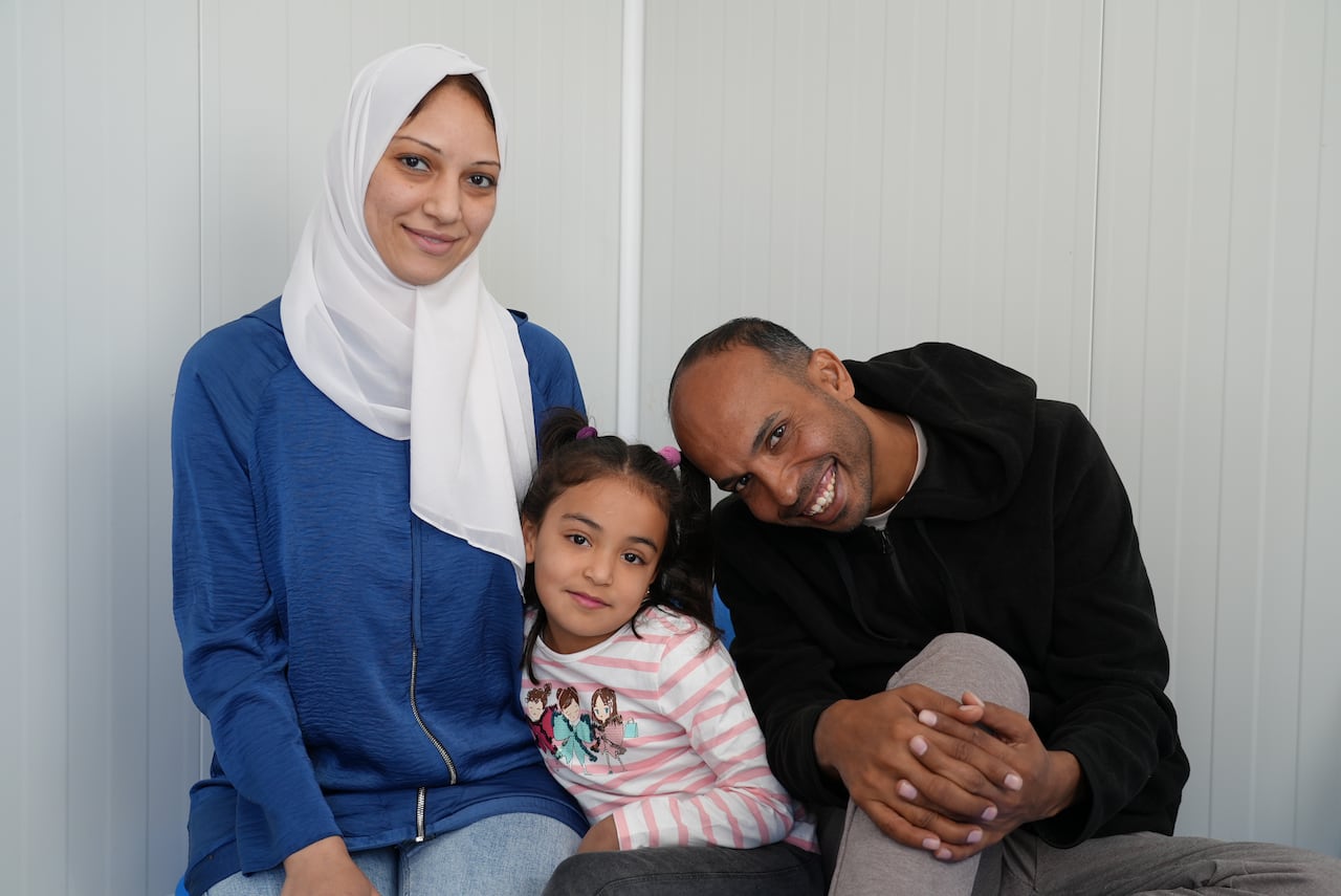 Mohammed Hammouda, with his wife Dina and their 6-year-old daughter Sila in Adana, Turkey on Dec. 2, 2025.  