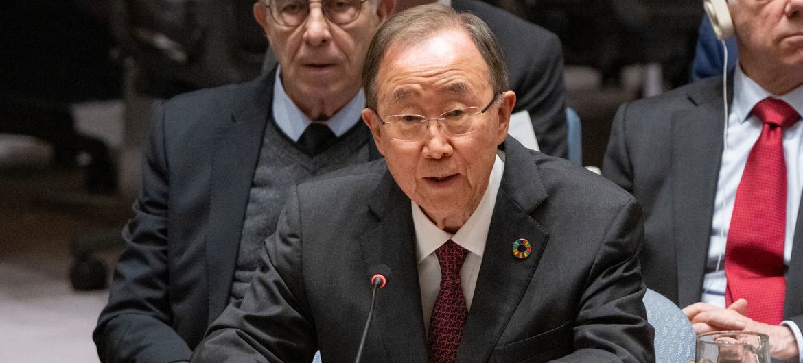 Former UN Secretary-General Ban Ki-moon speaking at a Security Council meeting on international peace and security.