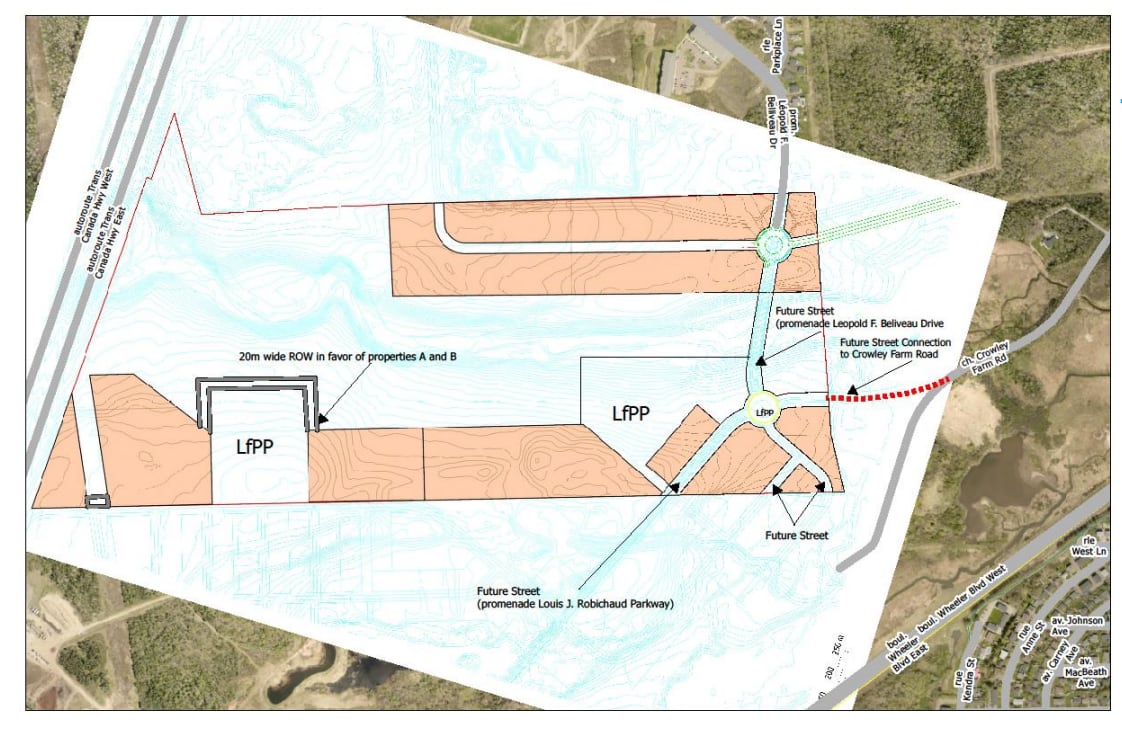 A map with various parcels marked in orange with lines showing future streets and roundabouts. 