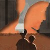 An illustration of two young children in a desert camp seen in a silhouette of a man looking down layered with another silhouette of a different man and a woman looking at room with an open window.