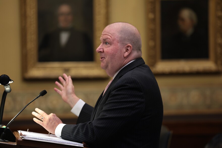 Chuck Hatfield, an attorney for Missourians for Constitutional Freedom, argues before the Missouri Supreme Court on Tuesday, Sept. 10, 2024 in Jefferson City as the court hears a case questioning whether an amendment to overturn the states abortion ban will remain on the states November ballot.