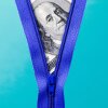 Close up photo collage of a dark blue zipper on a light blue backdrop, half-zipped, with a close-up of a 100 dollar bill peeking through behind the zipper.