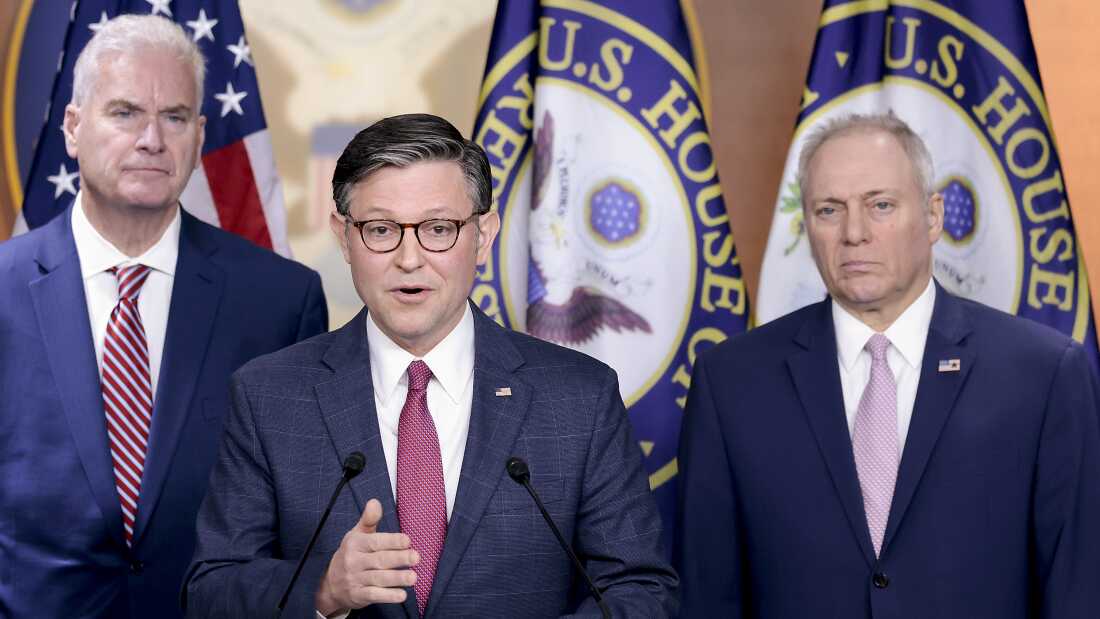 Speaker of the House Mike Johnson (R-LA) talks at the podium as U.S. House Majority Leader Steve Scalise (R-LA) (L) and House Majority Whip Tom Emmer (R-MN) (R) stand just behind him on either side.