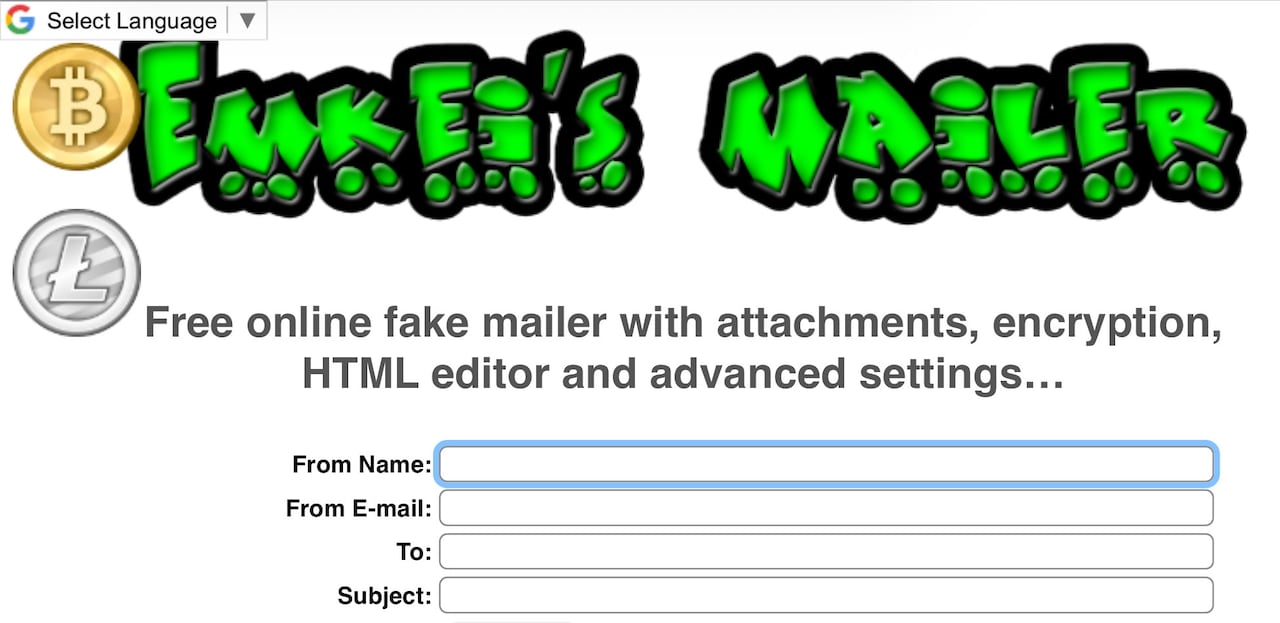 A screenshot of a website titled "Emkei's mailer" that describes itself as a "Free online fake mailer with attachments, encryption, HTML editor and advanced settings."
