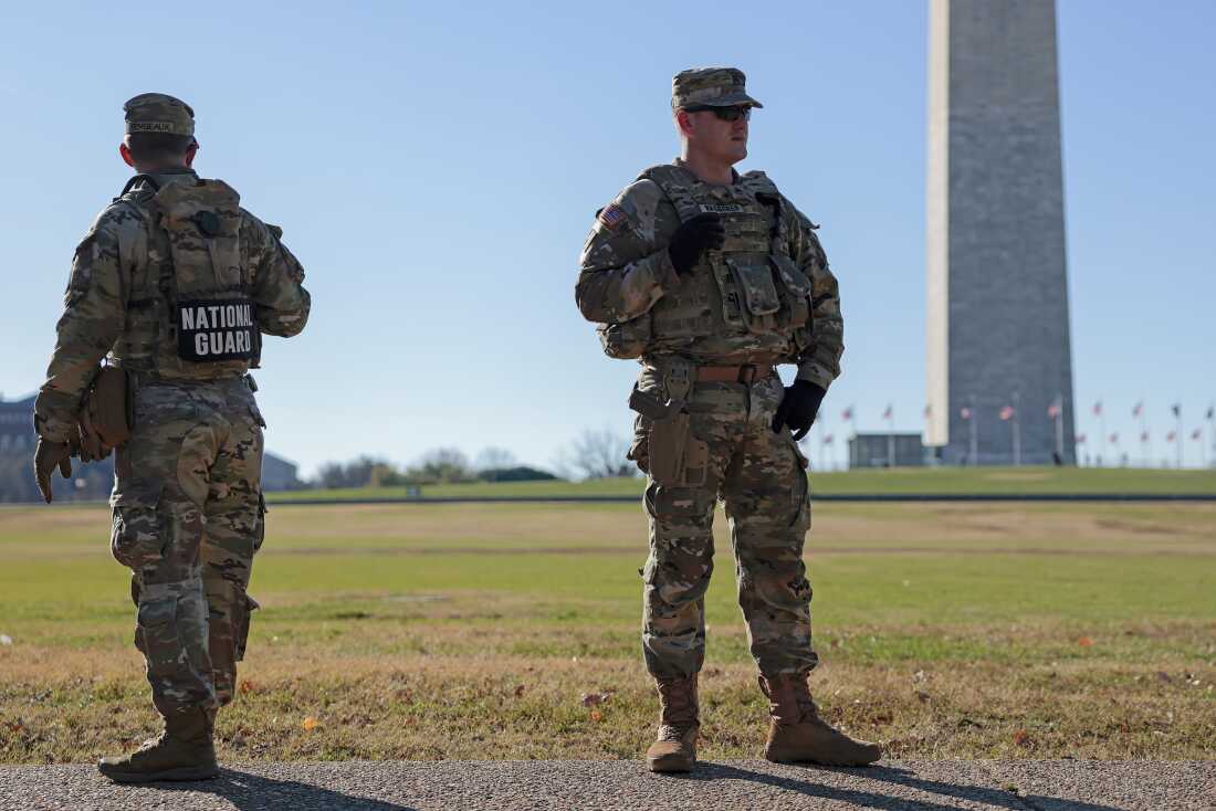 Members of the National Guard patrol along Constitution Ave. on December 01, 2025 in Washington, DC. Two West Virginia National Guard troops were shot blocks from the White House on November 26, resulting in the death of Sarah Beckstrom on Thursday, November 27, following what authorities called a targeted attack. (Photo by Heather Diehl/Getty Images)