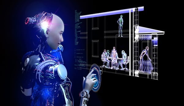 A depiction of a futuristic humanoid robot. 