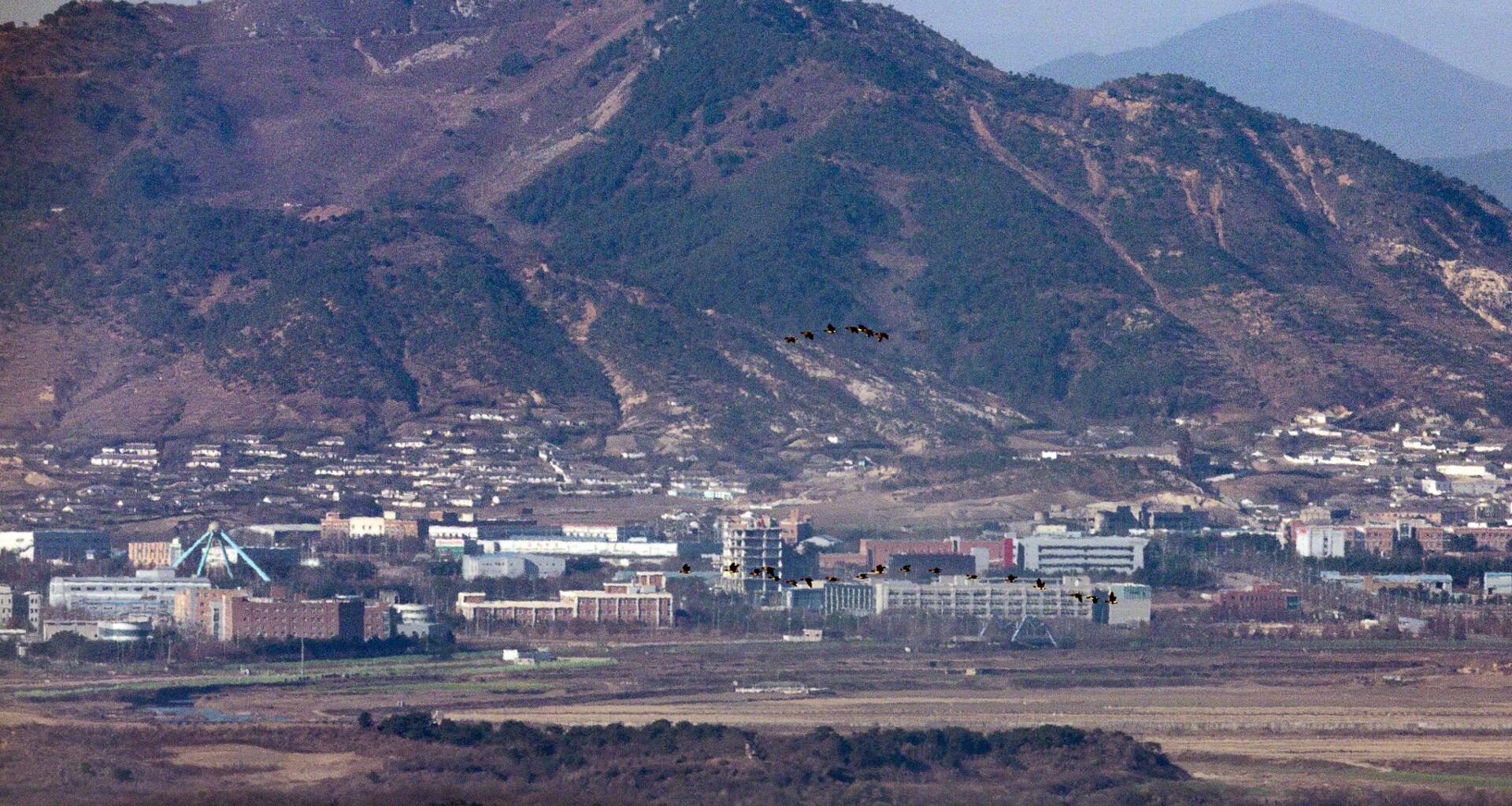 The western frontline Demilitarized Zone (DMZ) and the area around the Gaeseong Industrial Complex in North Korea are seen from a border region in the South