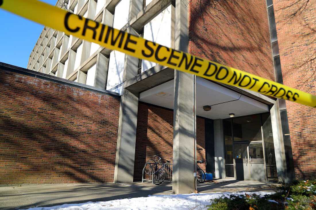 Crime scene tape outside of the Barus and Holley building on the campus of Brown University on Dec. 16. 