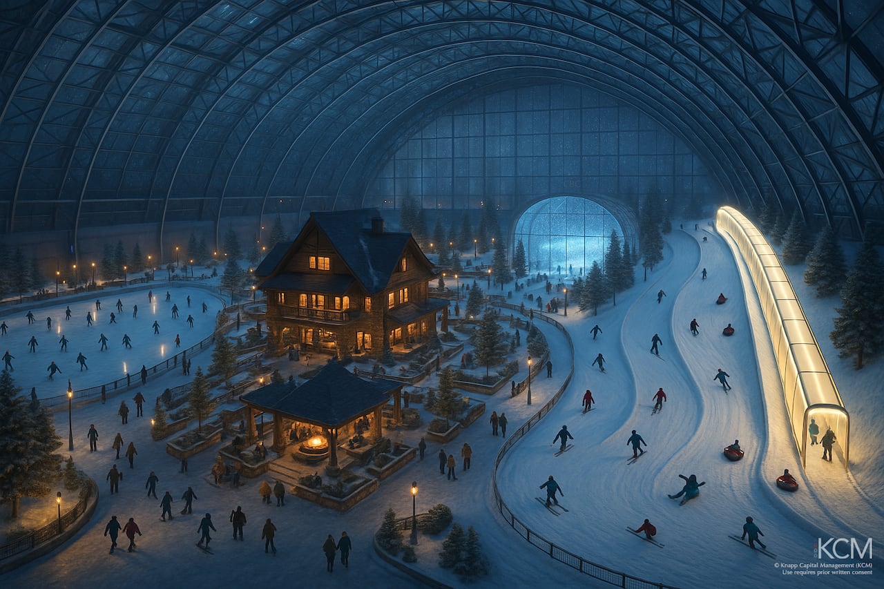 A picture of an AI rendering showing an indoor skating rink and ski hill.