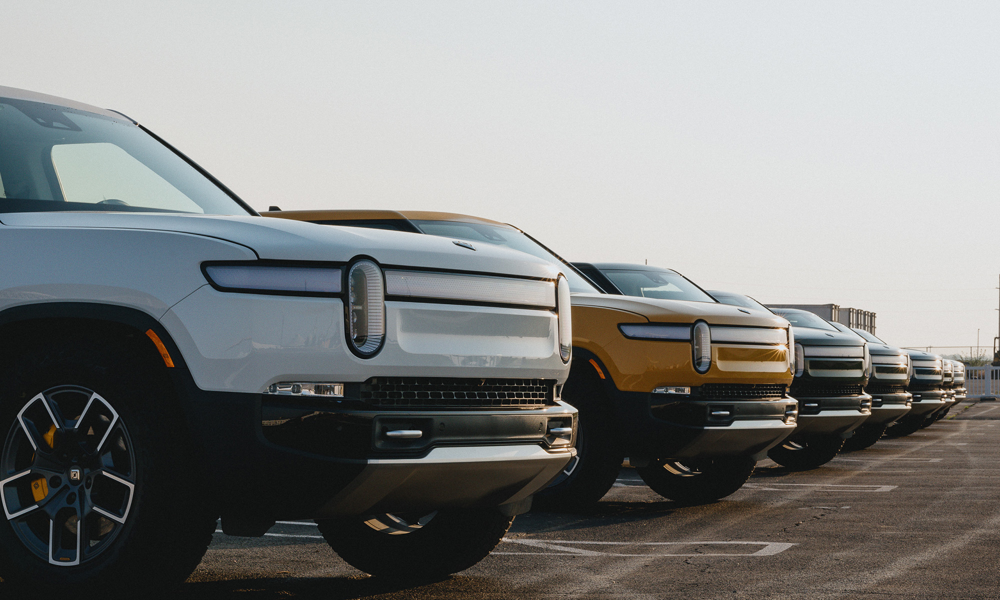 Line of Rivian trucks in a parking lot. 