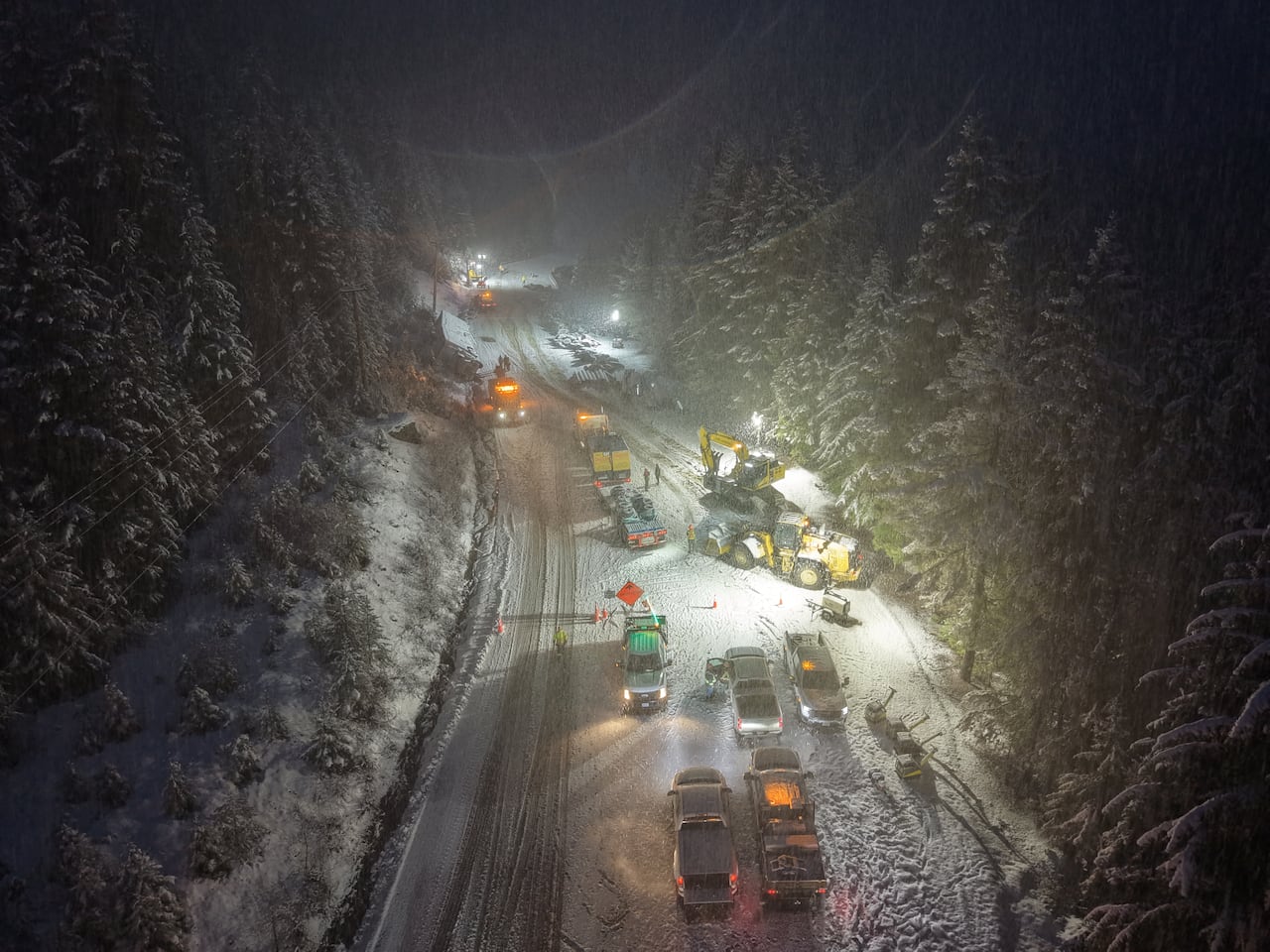 Crews working in the night on Highway 3