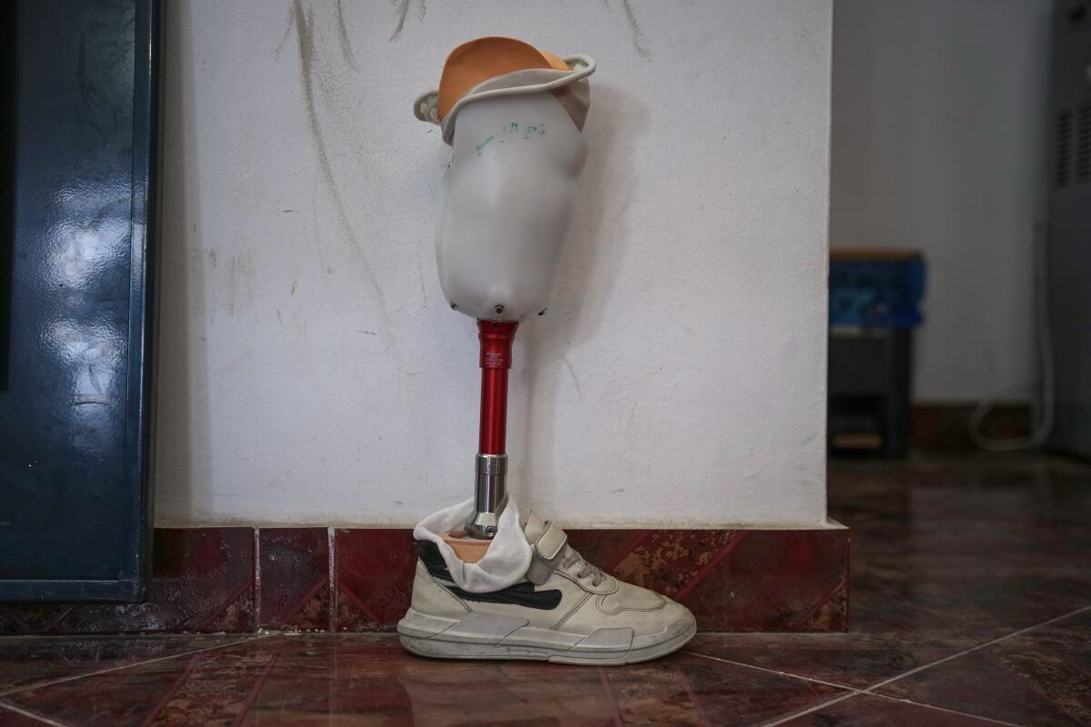 A prosthetic leg sits before a training session at Hamad Hospital in Zawaida, central Gaza Strip