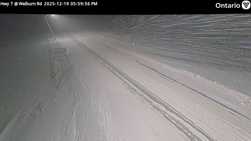 Heavy snowfall is seen from an MTO traffic camera along Hwy. 7 north of London near Wellburn Road, just outside of St. Marys, Ont. on Dec. 19, 2025.