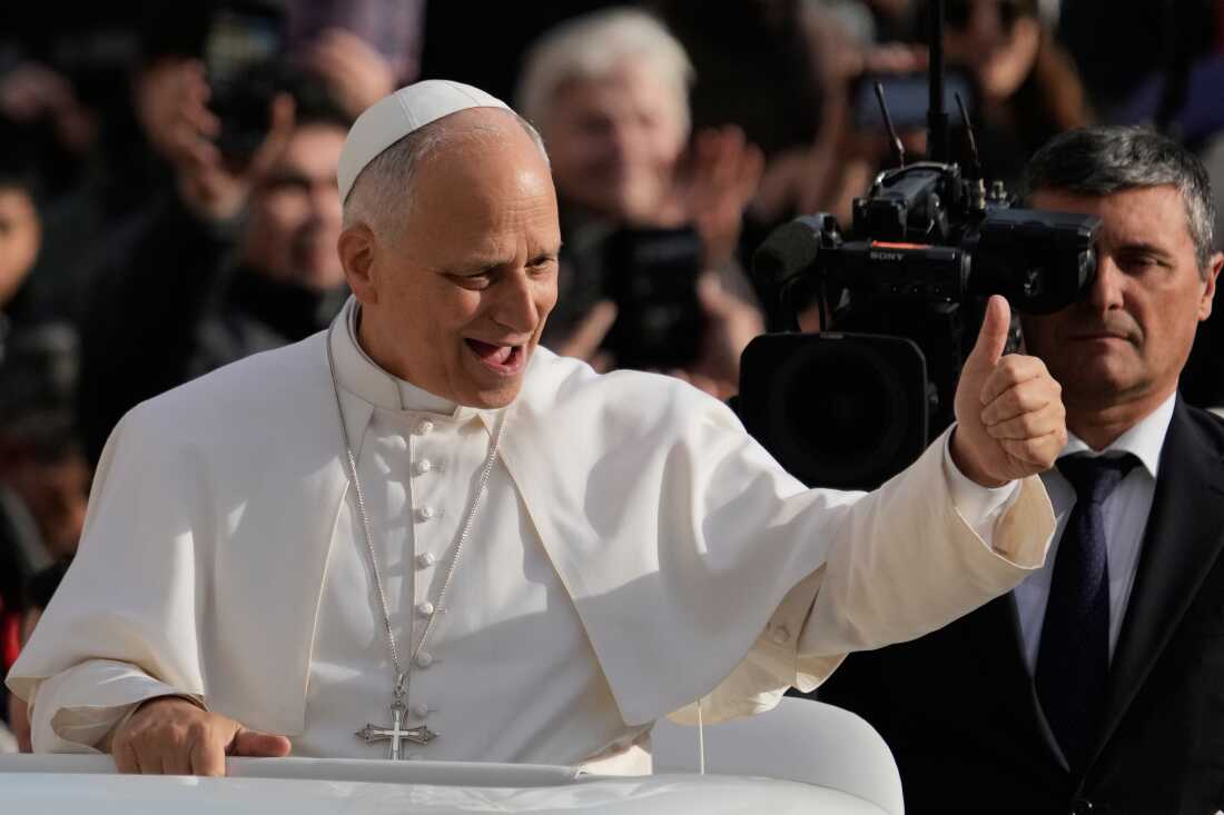 Pope Leo XIV greets faithful as he arrives in St. Peter's Square on the occasion of the last Jubilee audience, at the Vatican, on Saturday.