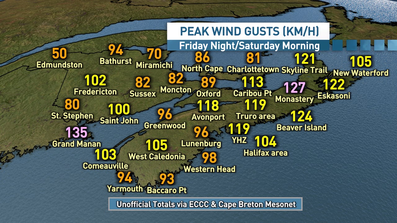 A map of New Brunswick and Nova Scotia showing wind speed in different areas.