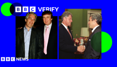 BBC Verify logo behind images of Donald Trump and Jeffrey Epstein and Bill Clinton and Jeffrey Epstein.