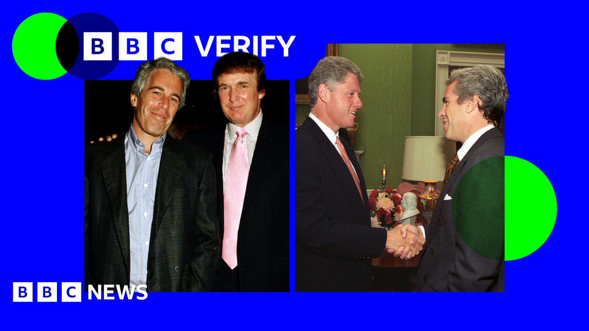 BBC Verify logo behind images of Donald Trump and Jeffrey Epstein and Bill Clinton and Jeffrey Epstein.